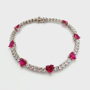 Sun BR Ruby and CZ Sparkly Heart Love Silver Plated Tennis Bracelet